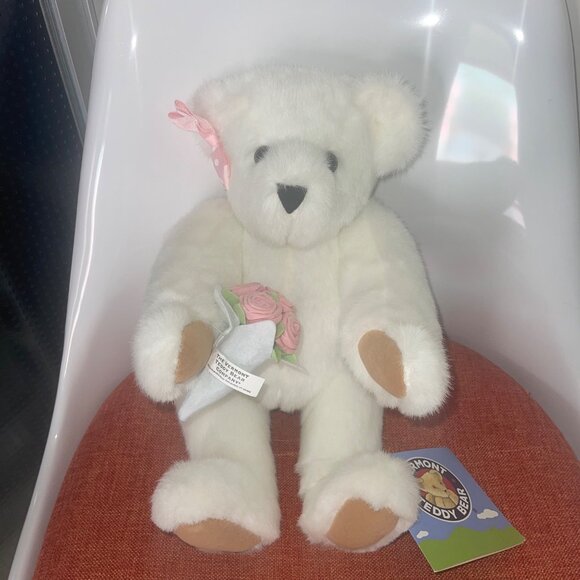 Vermont Teddy Bear Company Plush 16  Jointed Bear White Bow - Picture 1 of 15
